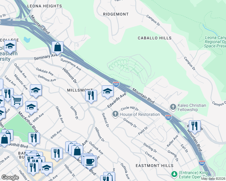 map of restaurants, bars, coffee shops, grocery stores, and more near 4040 Burckhalter Avenue in Oakland