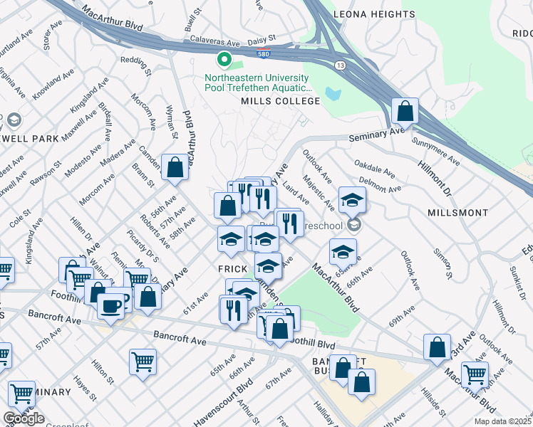 map of restaurants, bars, coffee shops, grocery stores, and more near 6016 MacArthur Boulevard in Oakland