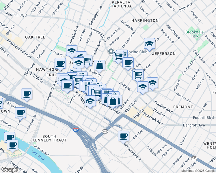 map of restaurants, bars, coffee shops, grocery stores, and more near 1538 38th Avenue in Oakland