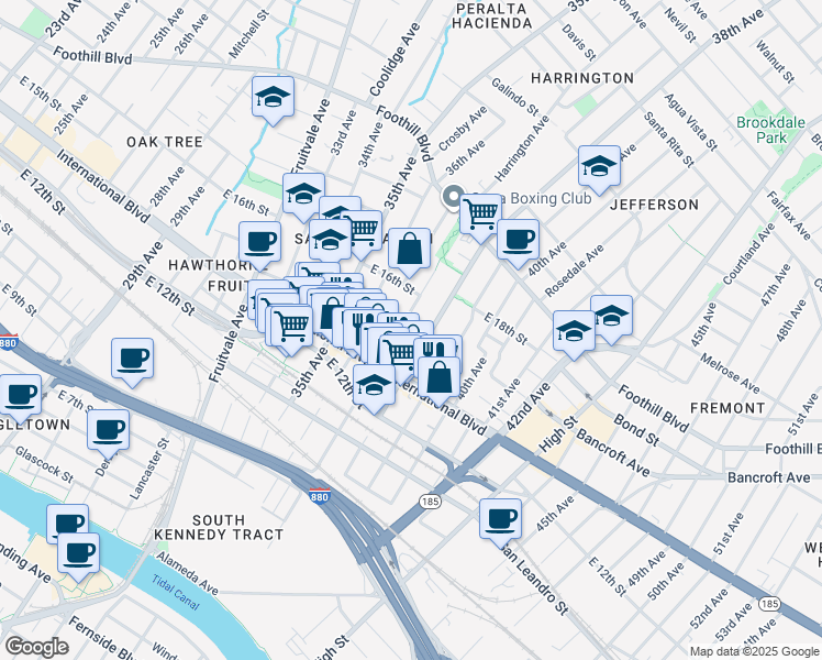 map of restaurants, bars, coffee shops, grocery stores, and more near 1442 37th Avenue in Oakland