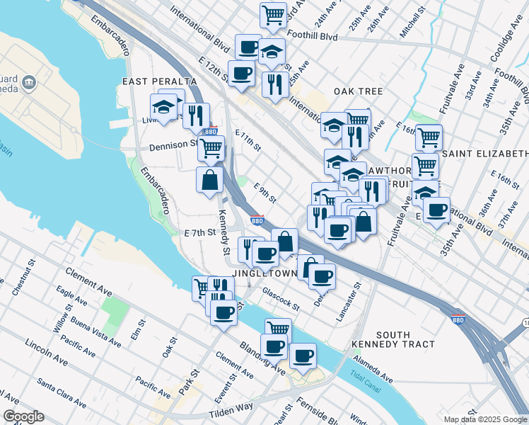 map of restaurants, bars, coffee shops, grocery stores, and more near 812 Lisbon Avenue in Oakland