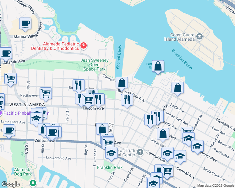 map of restaurants, bars, coffee shops, grocery stores, and more near 1505 Pacific Avenue in Alameda