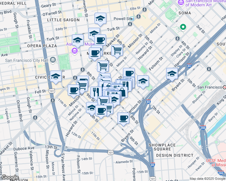 map of restaurants, bars, coffee shops, grocery stores, and more near 58 Sumner Street in San Francisco