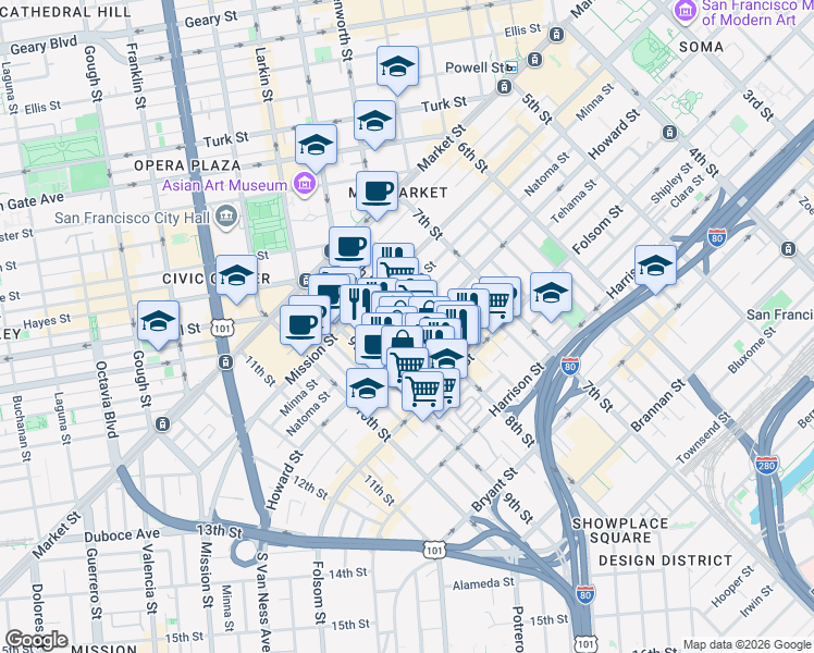 map of restaurants, bars, coffee shops, grocery stores, and more near in San Francisco