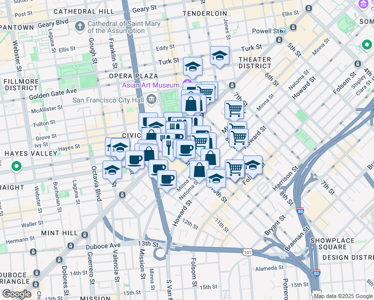 map of restaurants, bars, coffee shops, grocery stores, and more near 1 10th Street in San Francisco