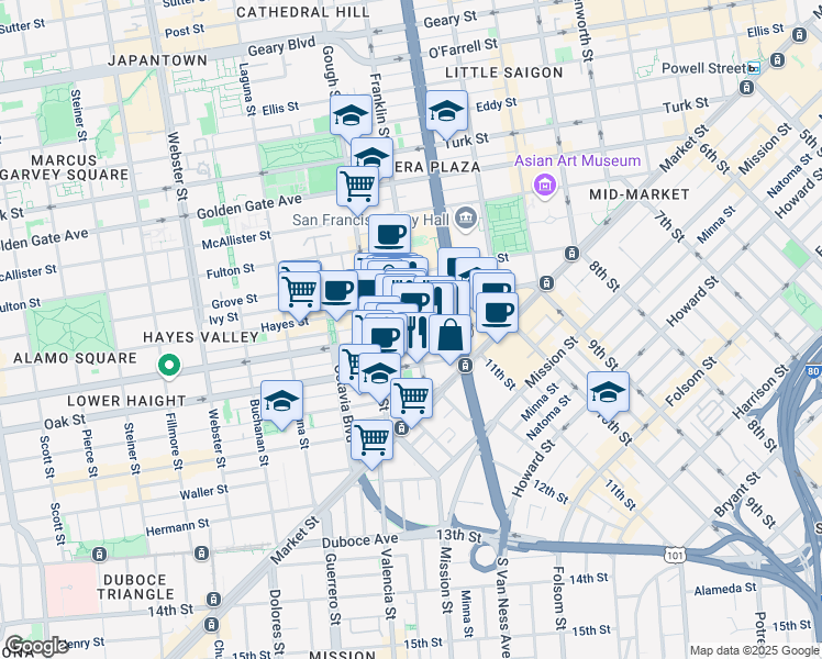 map of restaurants, bars, coffee shops, grocery stores, and more near in San Francisco