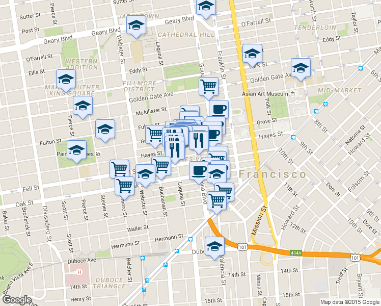 map of restaurants, bars, coffee shops, grocery stores, and more near 542 Laguna Street in San Francisco