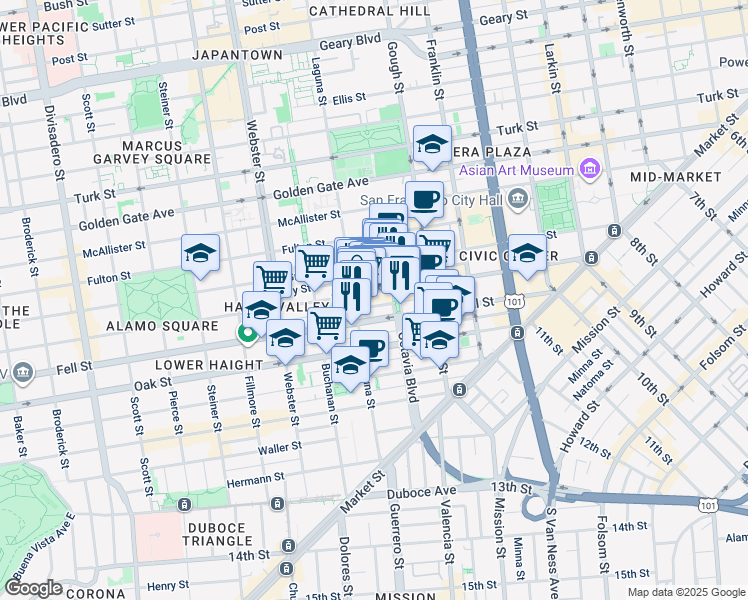 map of restaurants, bars, coffee shops, grocery stores, and more near 542 Laguna Street in San Francisco