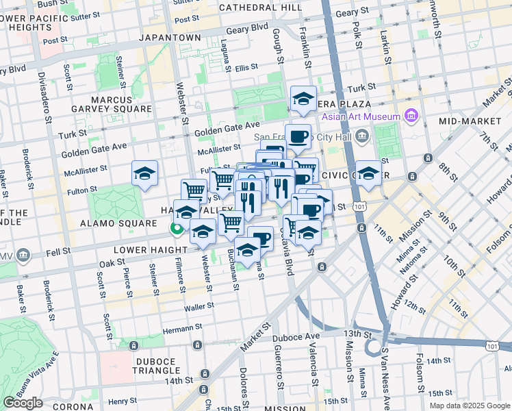 map of restaurants, bars, coffee shops, grocery stores, and more near 542 Laguna Street in San Francisco