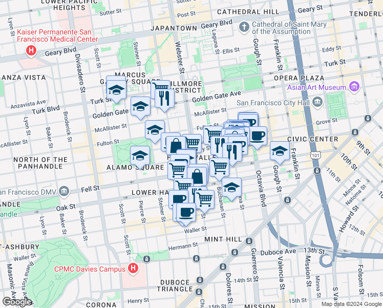 map of restaurants, bars, coffee shops, grocery stores, and more near in San Francisco