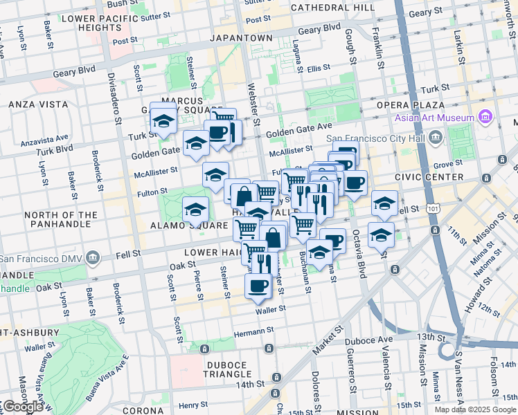 map of restaurants, bars, coffee shops, grocery stores, and more near 815 Hayes Street in San Francisco