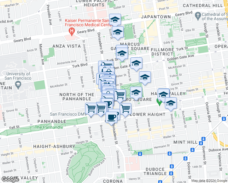 map of restaurants, bars, coffee shops, grocery stores, and more near 1280 Grove Street in San Francisco
