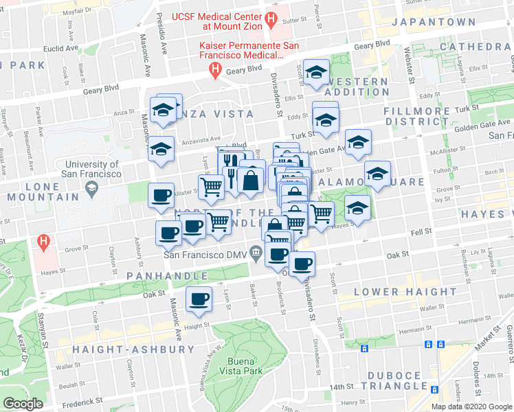 map of restaurants, bars, coffee shops, grocery stores, and more near 1442 Grove Street in San Francisco