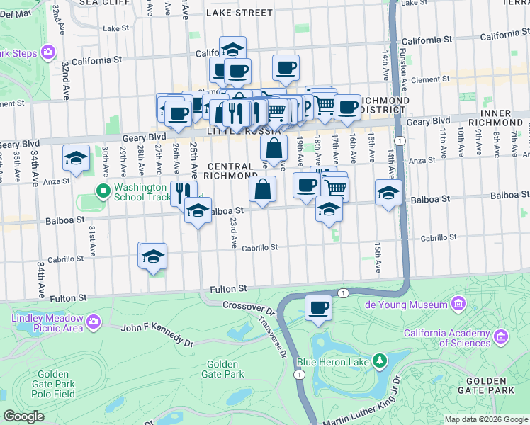 map of restaurants, bars, coffee shops, grocery stores, and more near 622 22nd Avenue in San Francisco
