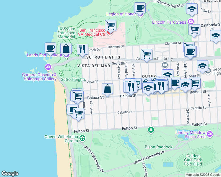 map of restaurants, bars, coffee shops, grocery stores, and more near 669 44th Avenue in San Francisco