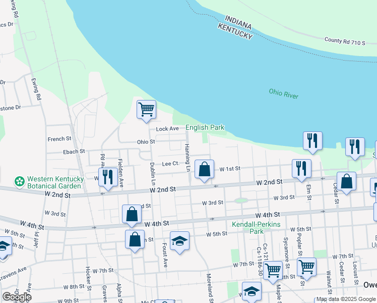 map of restaurants, bars, coffee shops, grocery stores, and more near 1528 Herr Avenue in Owensboro
