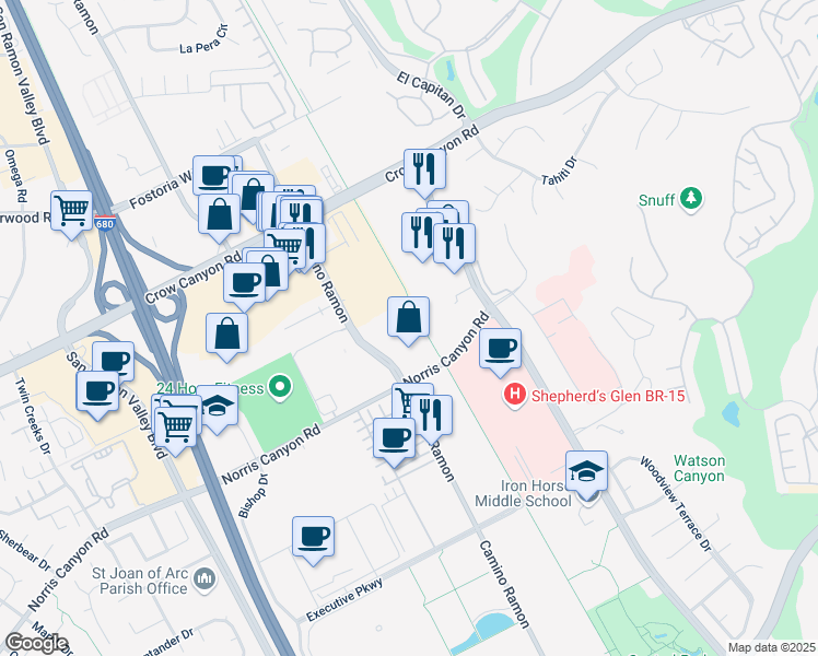 map of restaurants, bars, coffee shops, grocery stores, and more near 2303 Camino Ramon in San Ramon