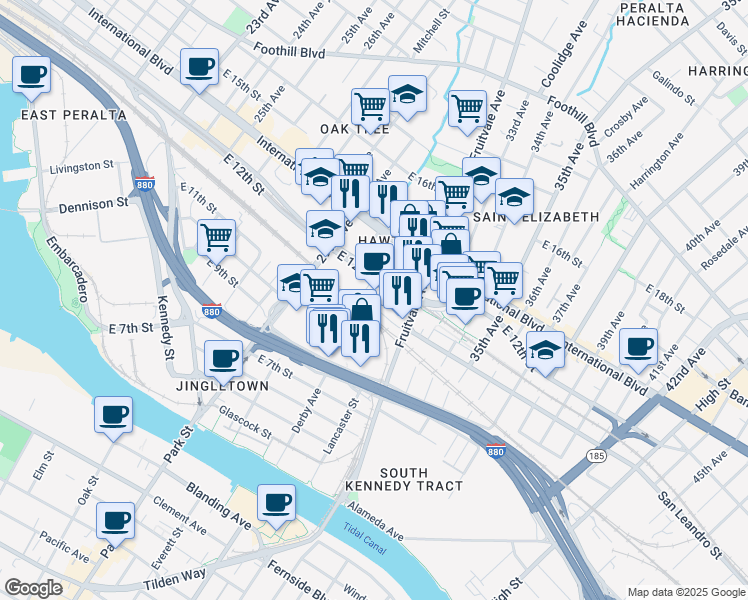 map of restaurants, bars, coffee shops, grocery stores, and more near 1100 Derby Ave in Oakland