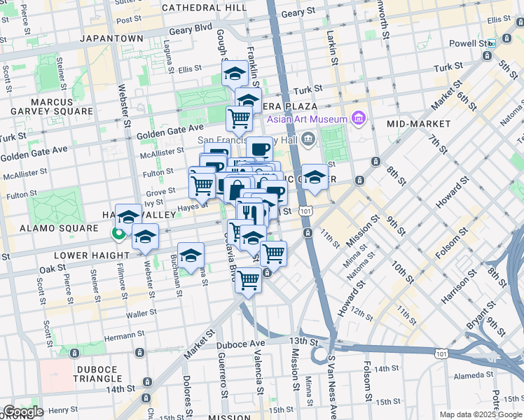 map of restaurants, bars, coffee shops, grocery stores, and more near 250 Fell Street in San Francisco
