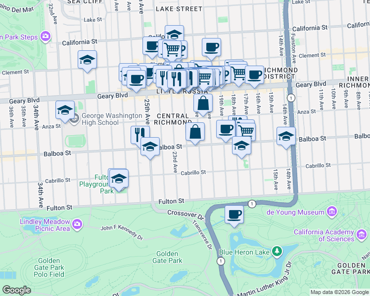 map of restaurants, bars, coffee shops, grocery stores, and more near 622 22nd Avenue in San Francisco