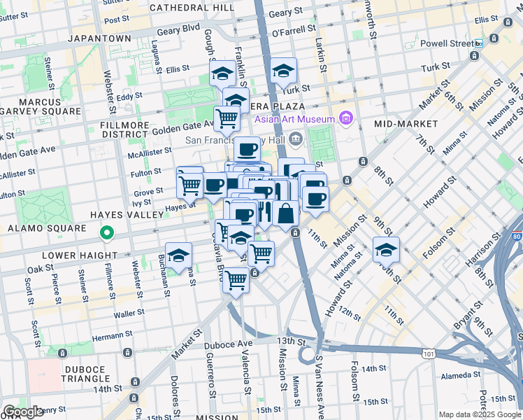 map of restaurants, bars, coffee shops, grocery stores, and more near 205 Franklin Street in San Francisco