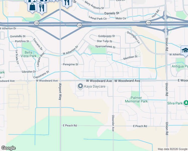 map of restaurants, bars, coffee shops, grocery stores, and more near 1803 Coit Street in Manteca