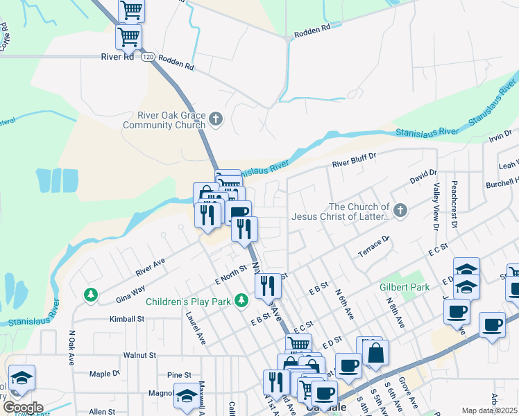 map of restaurants, bars, coffee shops, grocery stores, and more near 900 Old Stockton Road in Oakdale