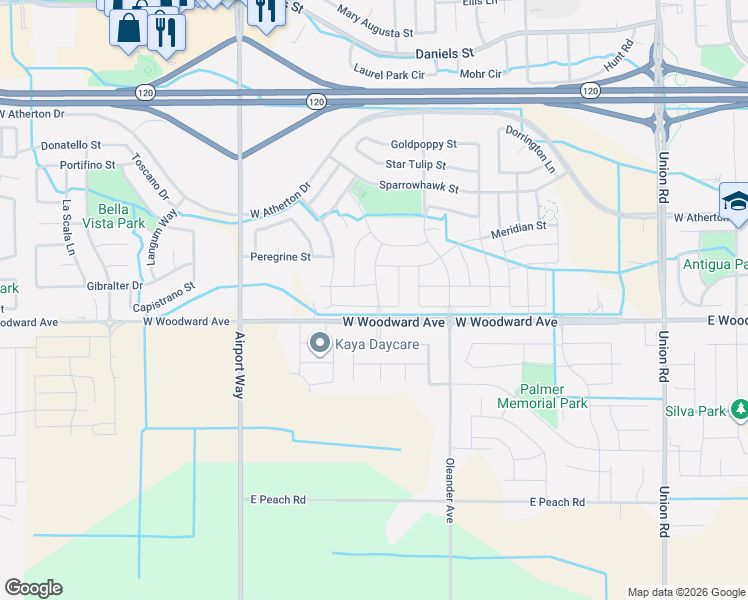map of restaurants, bars, coffee shops, grocery stores, and more near 1803 Coit Street in Manteca