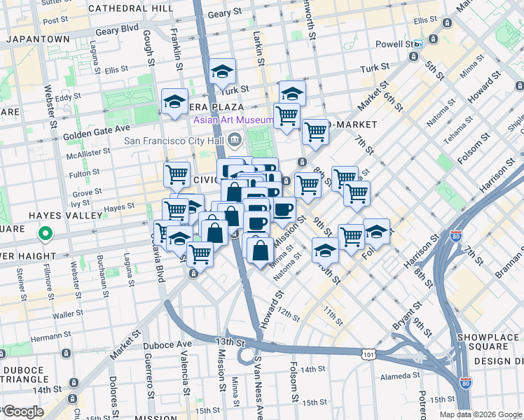 map of restaurants, bars, coffee shops, grocery stores, and more near 8 10th Street in San Francisco