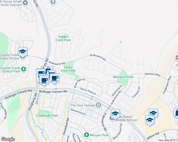 map of restaurants, bars, coffee shops, grocery stores, and more near 2032 Feathermint Drive in San Ramon