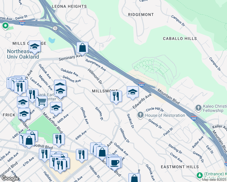 map of restaurants, bars, coffee shops, grocery stores, and more near 3939 Edgemoor Place in Oakland
