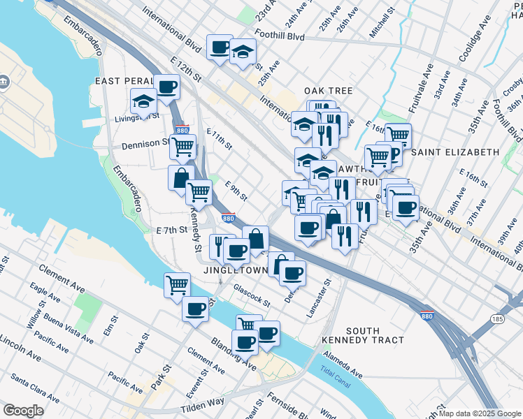 map of restaurants, bars, coffee shops, grocery stores, and more near 2851 East 9th Street in Oakland