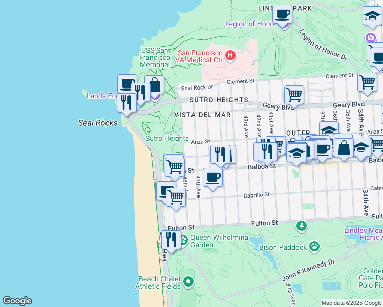 map of restaurants, bars, coffee shops, grocery stores, and more near 45 Sutro Heights Avenue in San Francisco