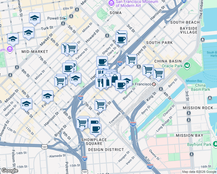 map of restaurants, bars, coffee shops, grocery stores, and more near 767 Bryant Street in San Francisco