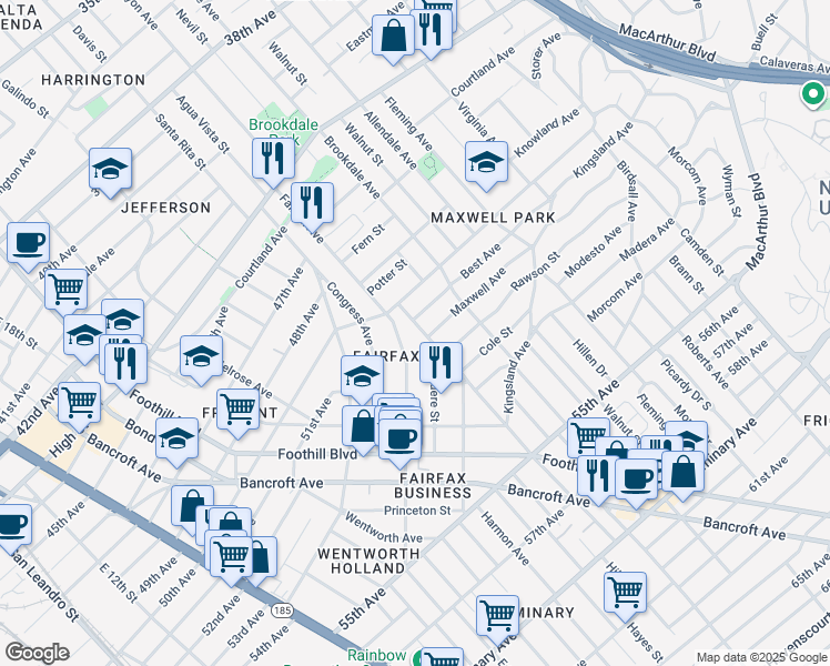 map of restaurants, bars, coffee shops, grocery stores, and more near 5169 Trask Street in Oakland