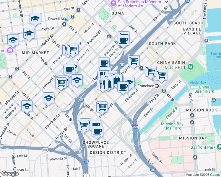 map of restaurants, bars, coffee shops, grocery stores, and more near 150 Morris Street in San Francisco