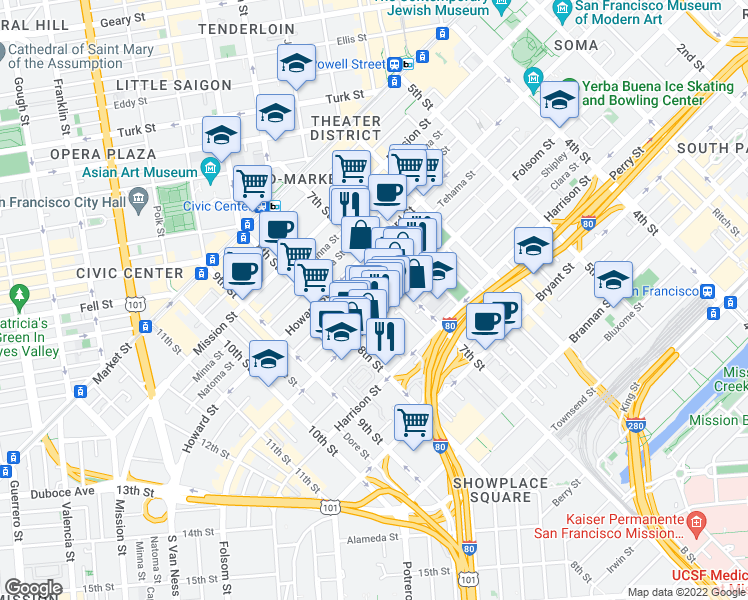 map of restaurants, bars, coffee shops, grocery stores, and more near 1136 Folsom Street in San Francisco