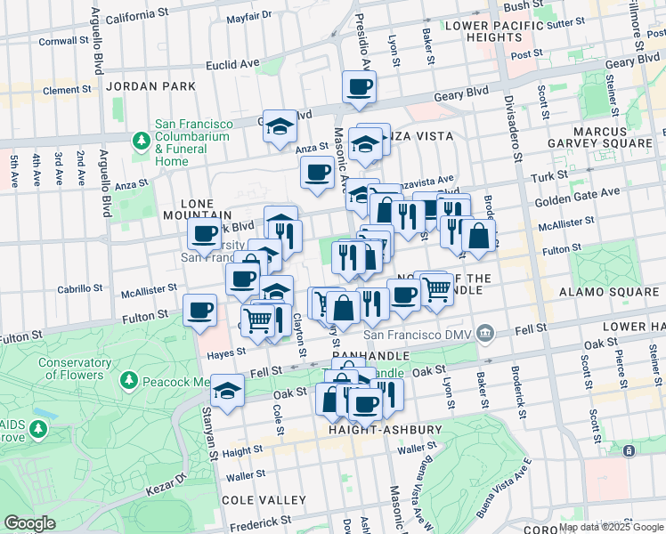 map of restaurants, bars, coffee shops, grocery stores, and more near 16 Hemway Terrace in San Francisco