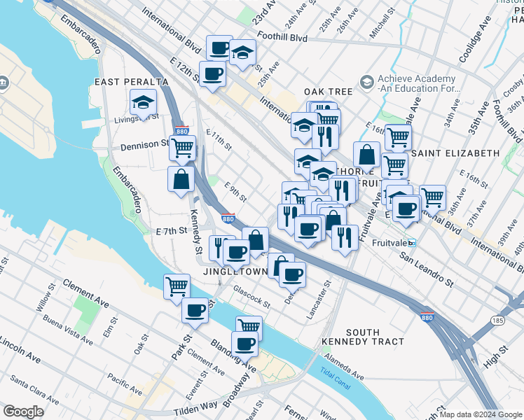 map of restaurants, bars, coffee shops, grocery stores, and more near 2851 East 9th Street in Oakland