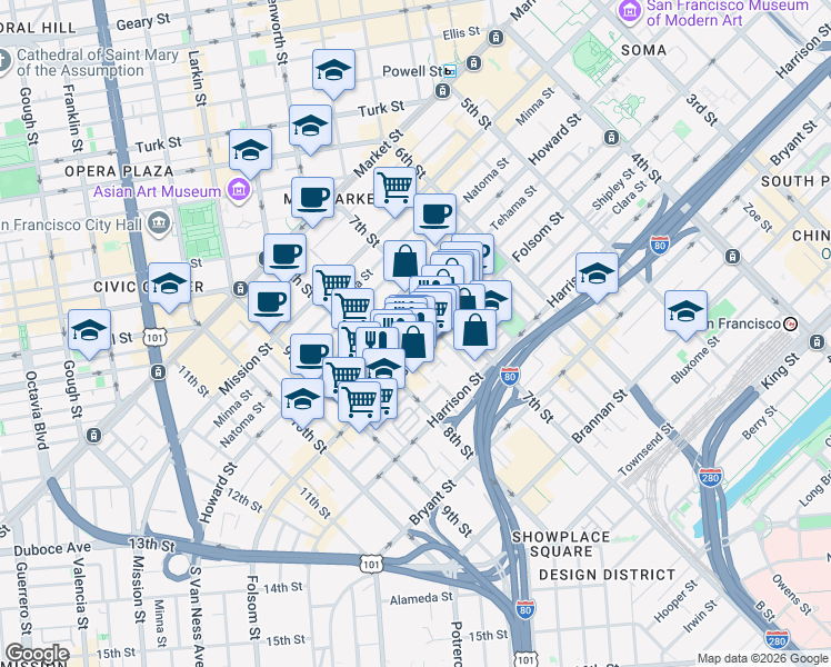 map of restaurants, bars, coffee shops, grocery stores, and more near 1136 Folsom Street in San Francisco