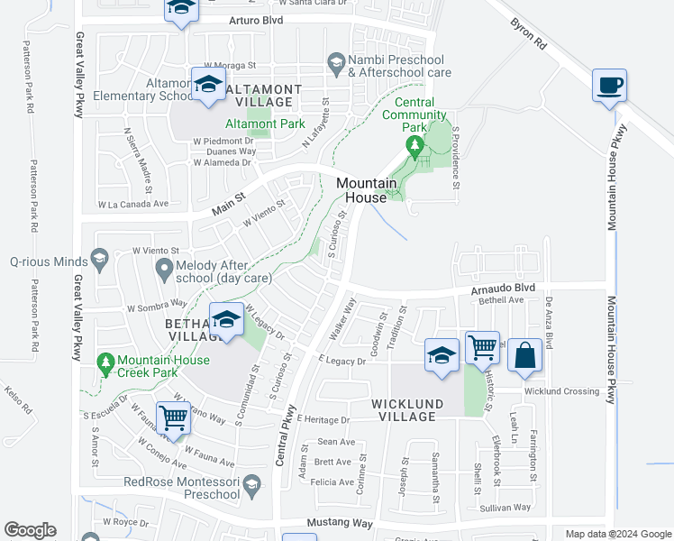 map of restaurants, bars, coffee shops, grocery stores, and more near 73 West Luna Loca Lane in Mountain House