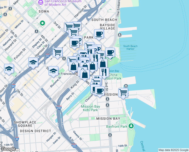 map of restaurants, bars, coffee shops, grocery stores, and more near 185 Berry Street in San Francisco