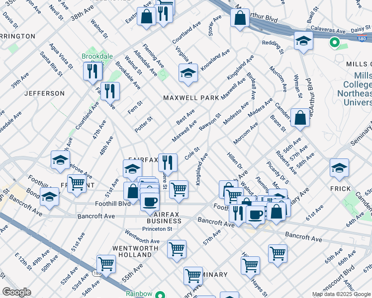 map of restaurants, bars, coffee shops, grocery stores, and more near 2512 Rawson Street in Oakland