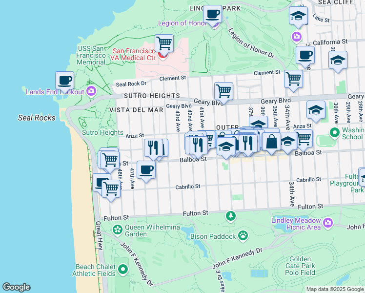 map of restaurants, bars, coffee shops, grocery stores, and more near 646 43rd Avenue in San Francisco