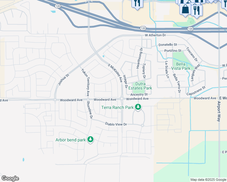 map of restaurants, bars, coffee shops, grocery stores, and more near 1776 Skagway Avenue in Manteca