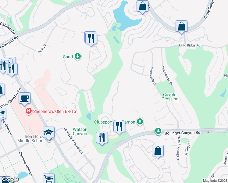map of restaurants, bars, coffee shops, grocery stores, and more near 775 Watson Canyon Court in San Ramon