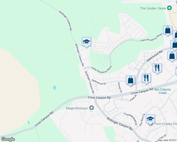 map of restaurants, bars, coffee shops, grocery stores, and more near 134 Claremont Crest Court in San Ramon