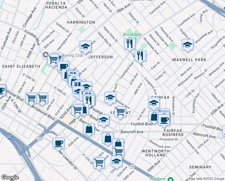 map of restaurants, bars, coffee shops, grocery stores, and more near 2120 45th Avenue in Oakland