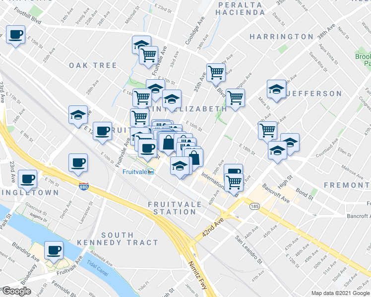 map of restaurants, bars, coffee shops, grocery stores, and more near 1414 36th Avenue in Oakland