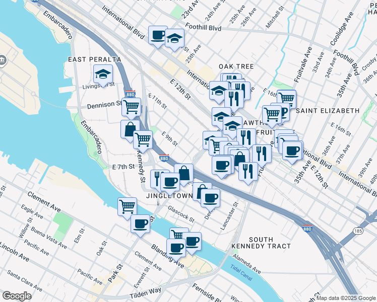 map of restaurants, bars, coffee shops, grocery stores, and more near 2851 East 9th Street in Oakland